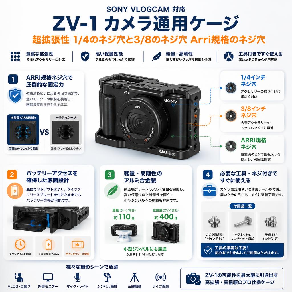 SONY VLOGCAM 対応 ZV-1 カメラ通用ケージ 超拡張性 1/4のネジ穴と3/8のネジ穴 Arri規格のネジ穴 セールスポイント