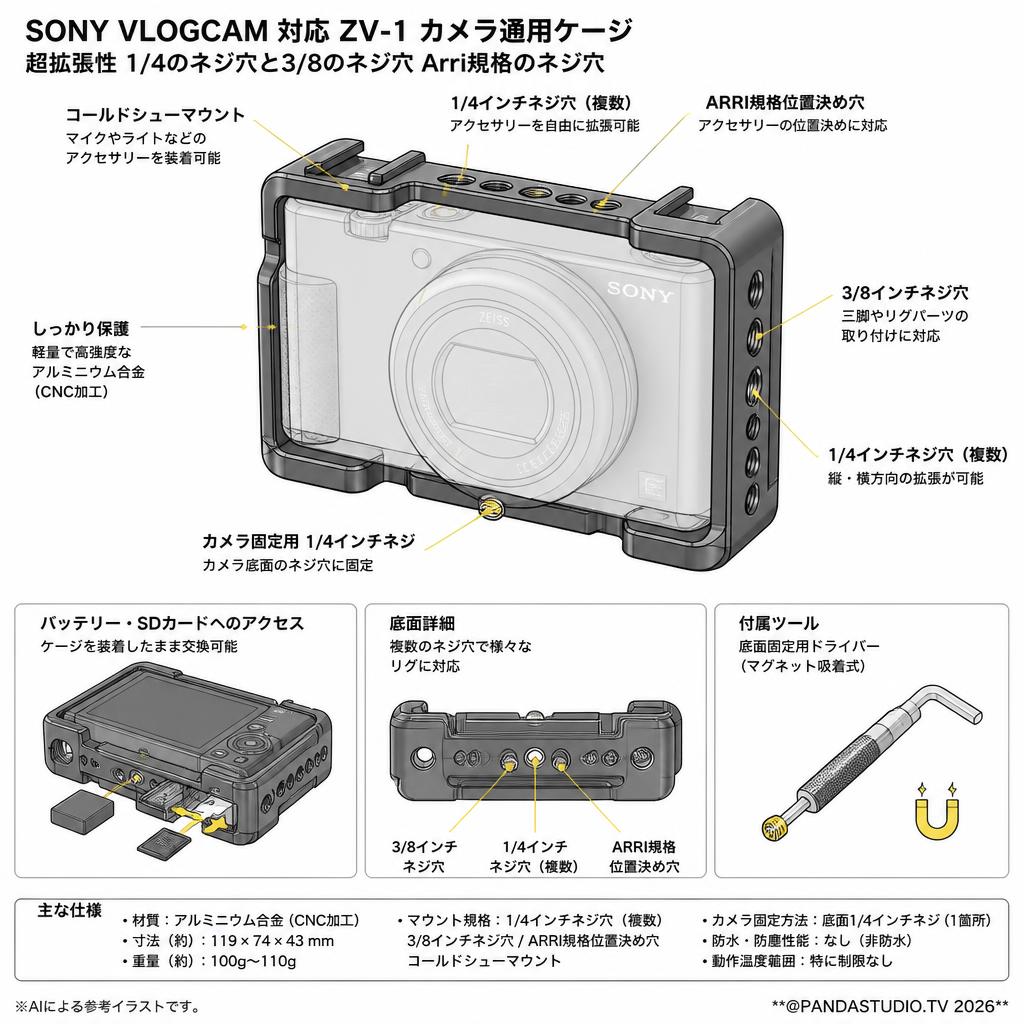 SONY VLOGCAM 対応 ZV-1 カメラ通用ケージ 超拡張性 1/4のネジ穴と3/8のネジ穴 Arri規格のネジ穴 スペック