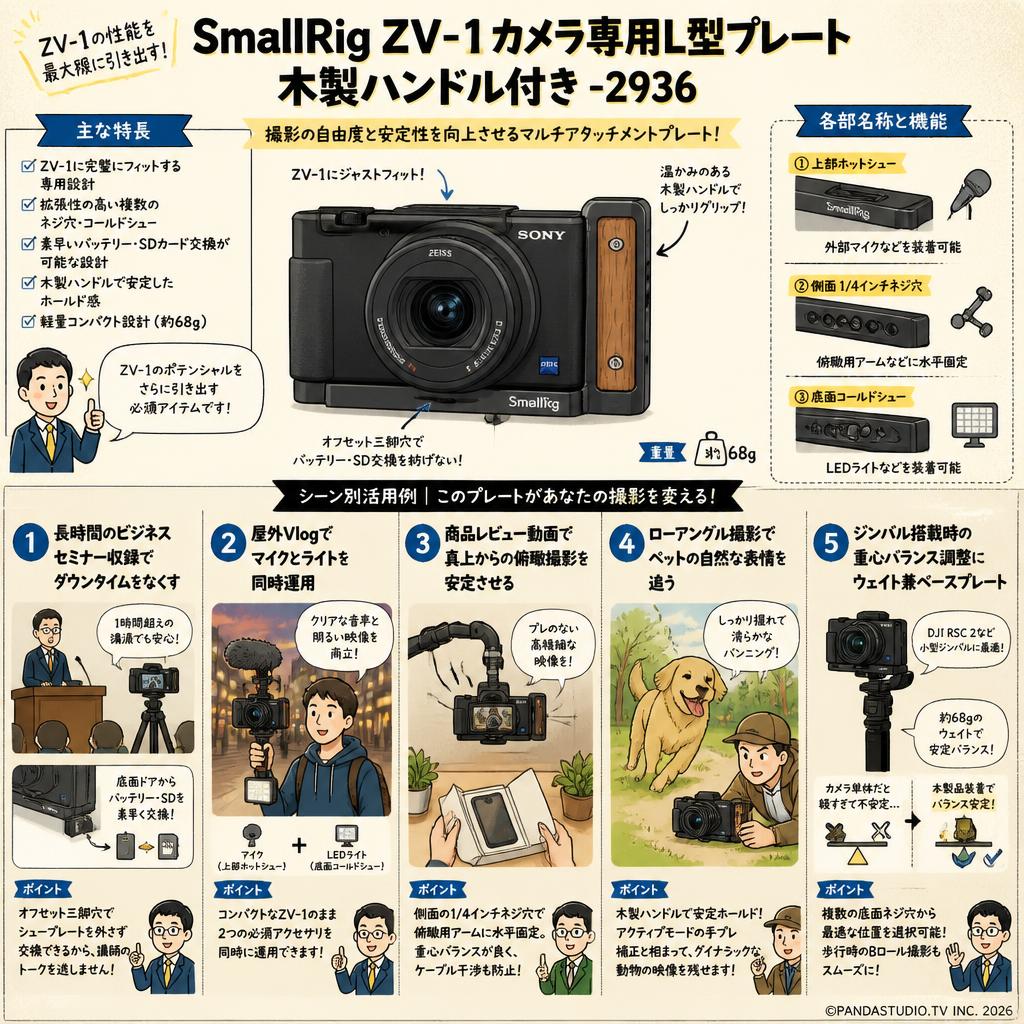 SmallRig ZV-1 カメラ専用L型プレート 木製ハンドル付き-2936 用途