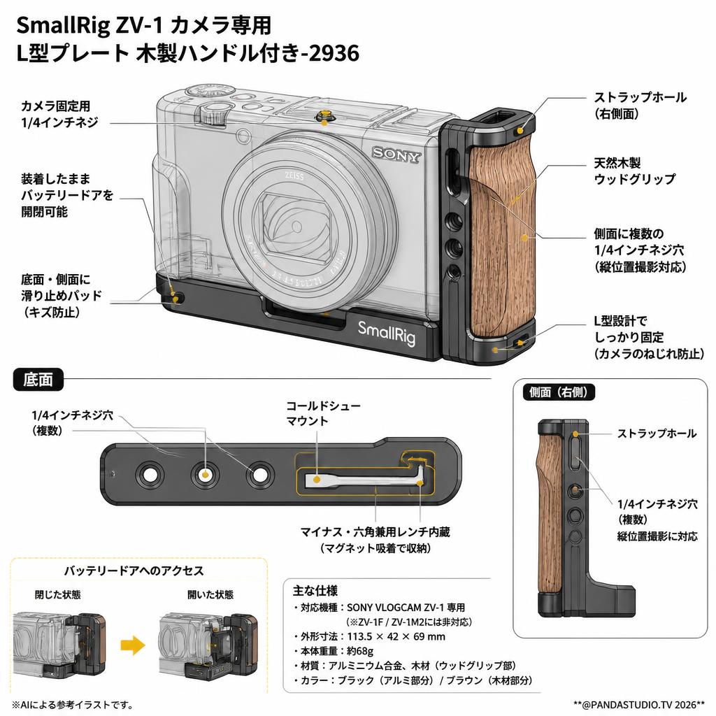 SmallRig ZV-1 カメラ専用L型プレート 木製ハンドル付き-2936 スペック