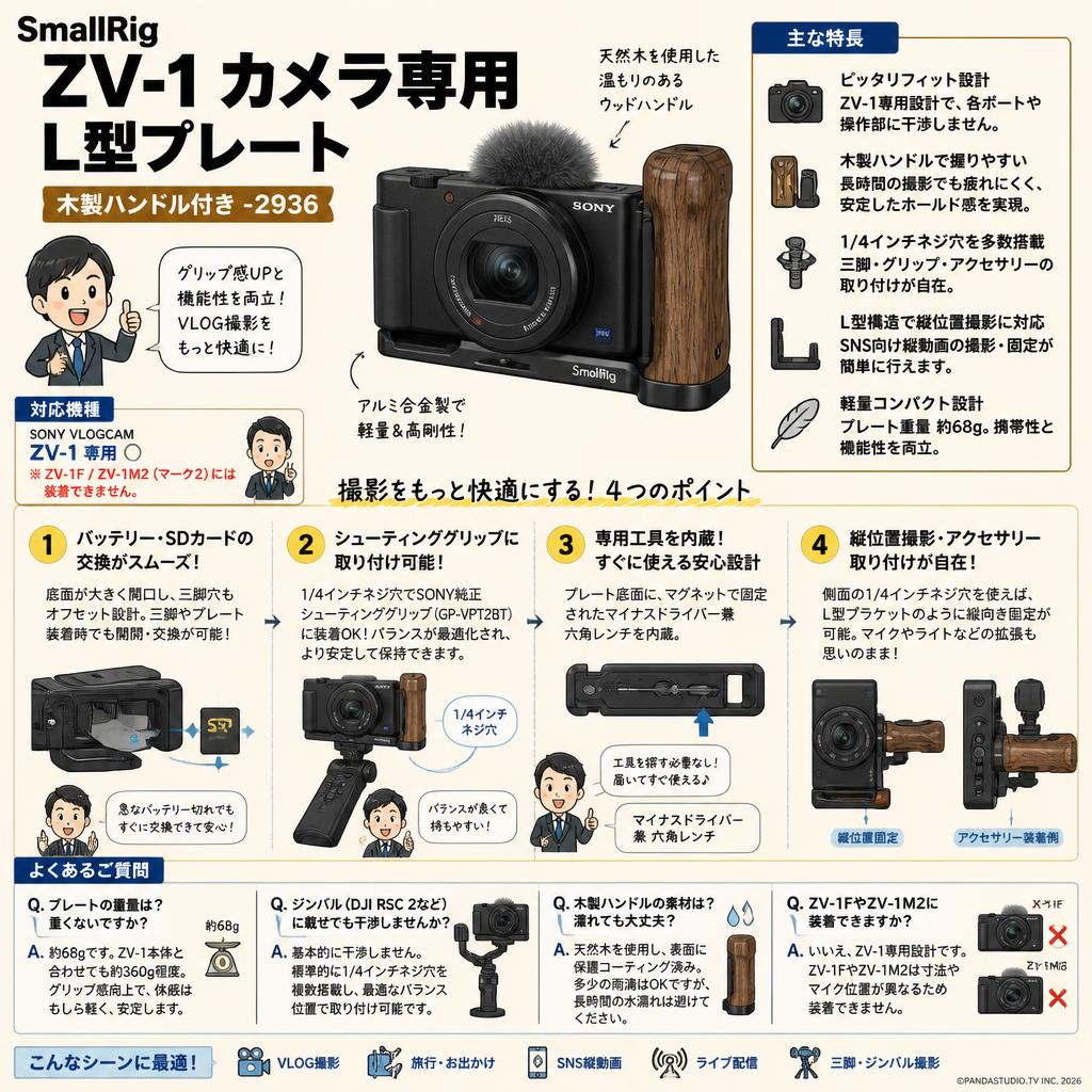 SmallRig ZV-1 カメラ専用L型プレート 木製ハンドル付き-2936 FAQ（よくある質問と答え）