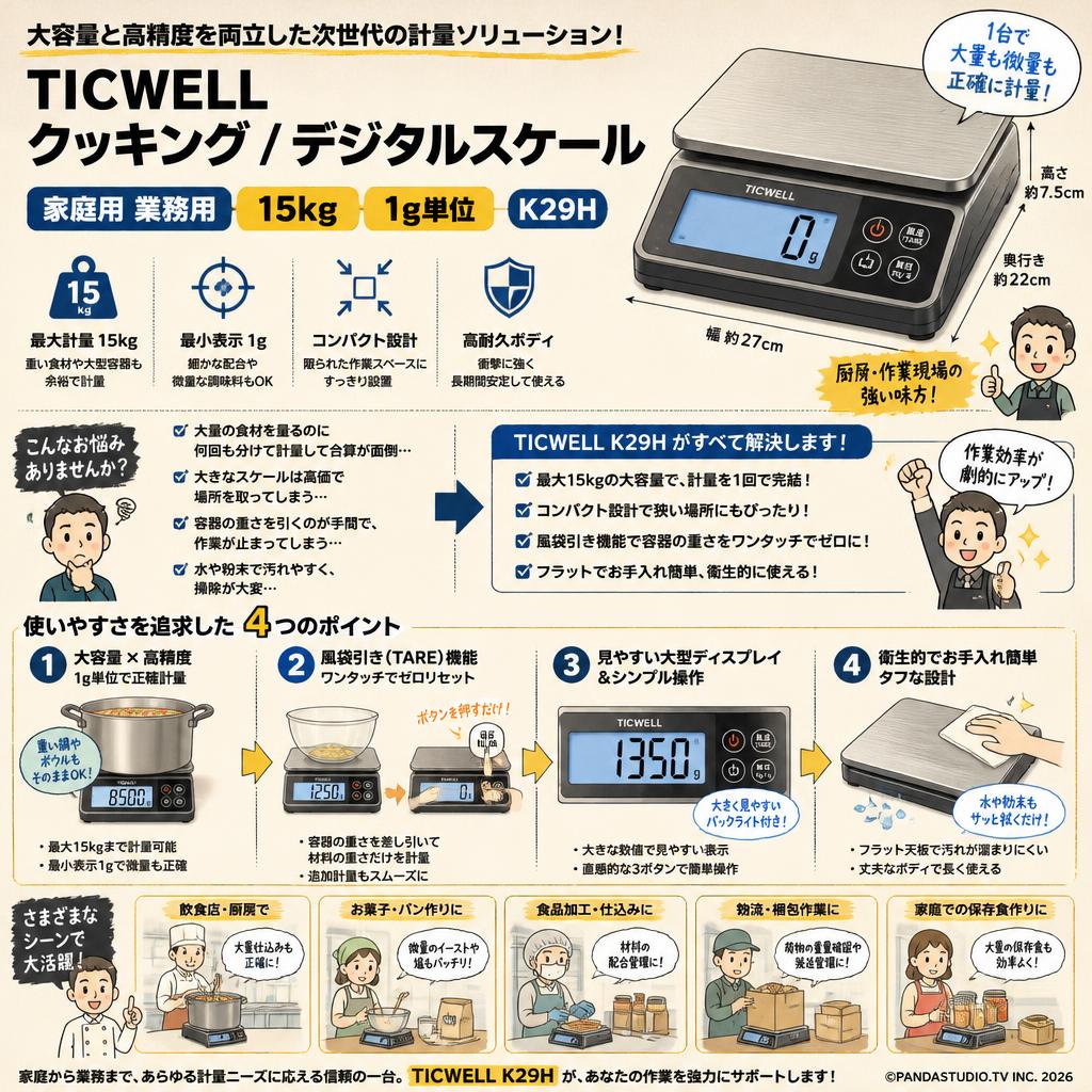 TICWELL クッキング / デジタルスケール  家庭用 業務用 15kg 1g単位 K29H 概要