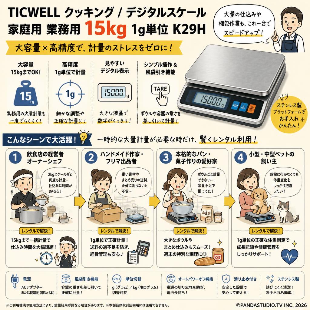 TICWELL クッキング / デジタルスケール  家庭用 業務用 15kg 1g単位 K29H おもな対象のお客様