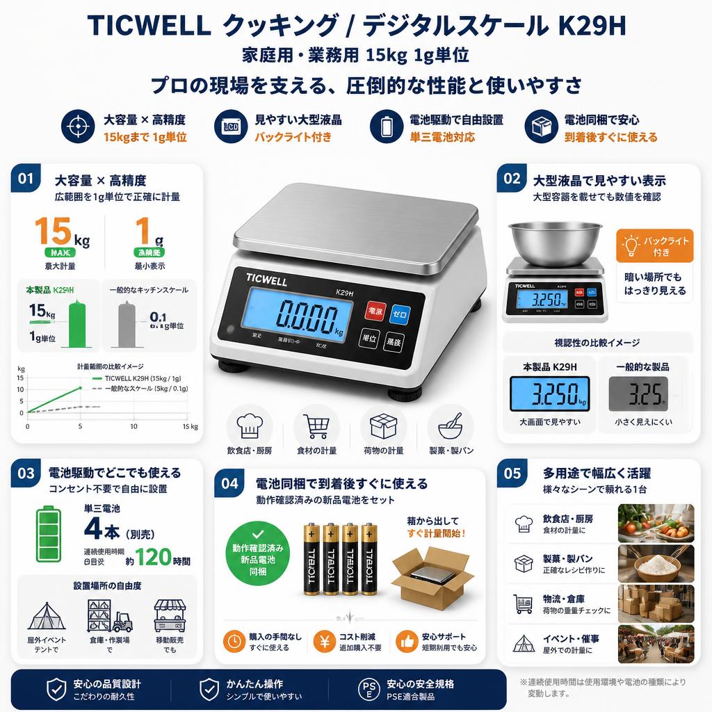 TICWELL クッキング / デジタルスケール  家庭用 業務用 15kg 1g単位 K29H セールスポイント