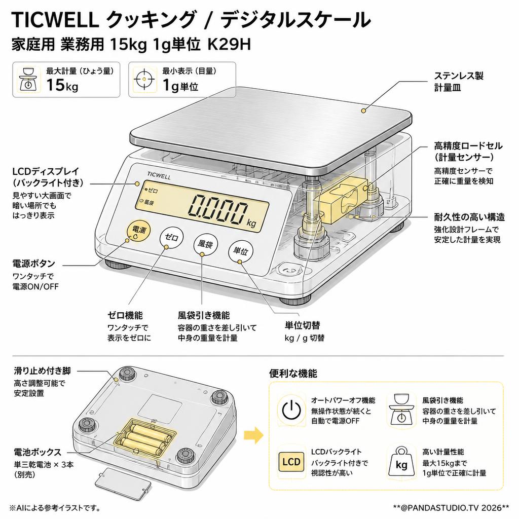 TICWELL クッキング / デジタルスケール  家庭用 業務用 15kg 1g単位 K29H スペック