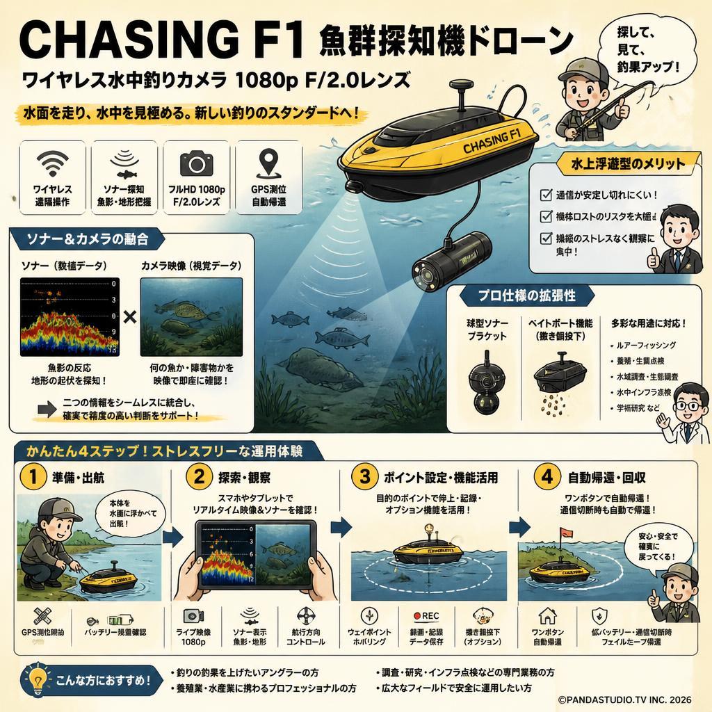 CHASING F1魚群探知機ドローン  ワイヤレス水中釣りカメラ 1080p F/2.0レンズ 概要