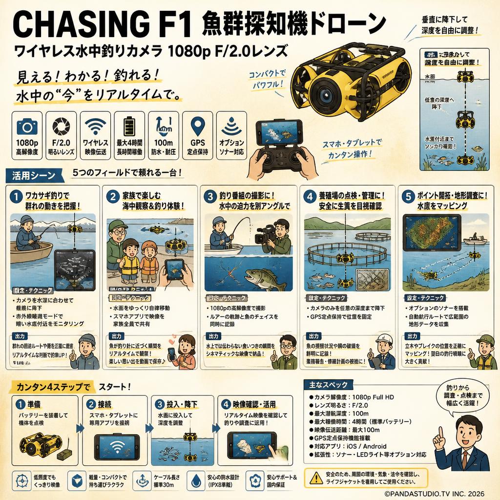 CHASING F1魚群探知機ドローン  ワイヤレス水中釣りカメラ 1080p F/2.0レンズ 用途