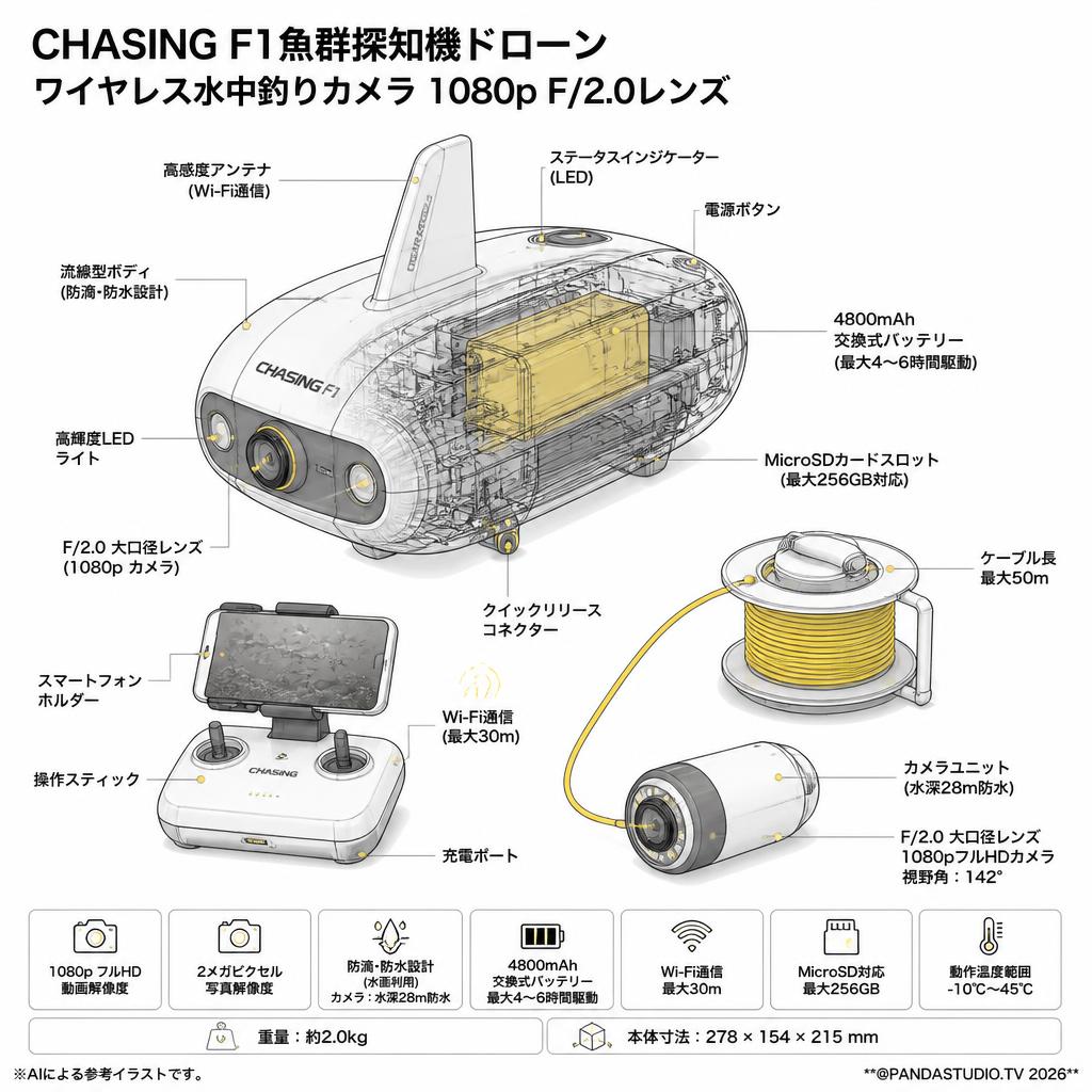 CHASING F1魚群探知機ドローン  ワイヤレス水中釣りカメラ 1080p F/2.0レンズ スペック