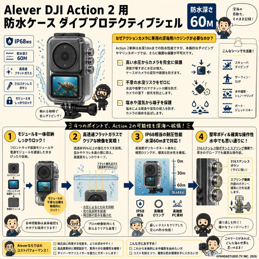 Alever DJI Action 2 用防水ケースダイブプロテクティブシェル（防水深さ60M） 概要