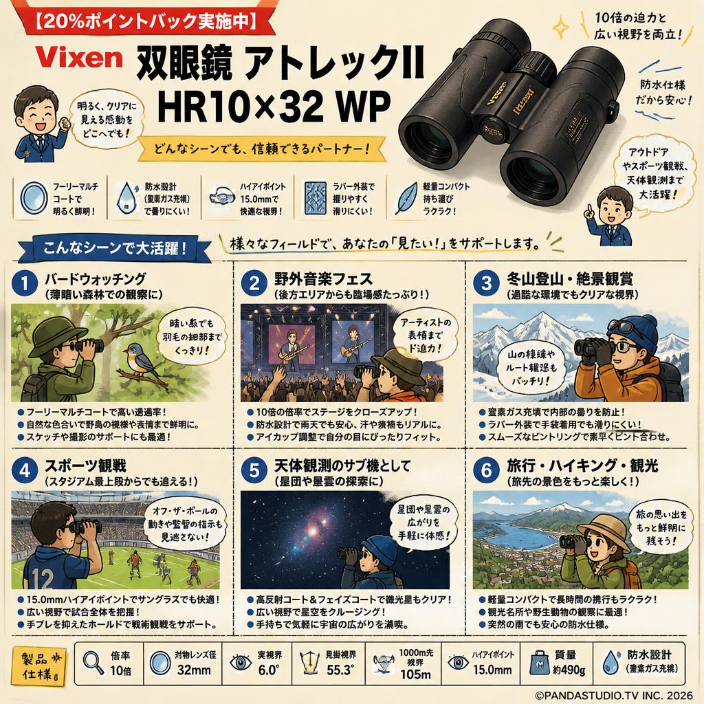 【20%ポイントバック実施中】Vixen 双眼鏡 アトレックII HR10×32 WP 用途