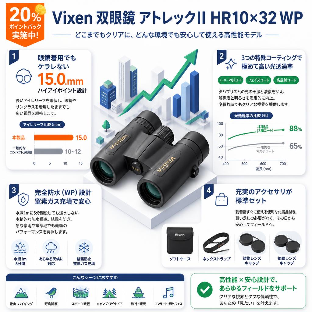 【20%ポイントバック実施中】Vixen 双眼鏡 アトレックII HR10×32 WP セールスポイント