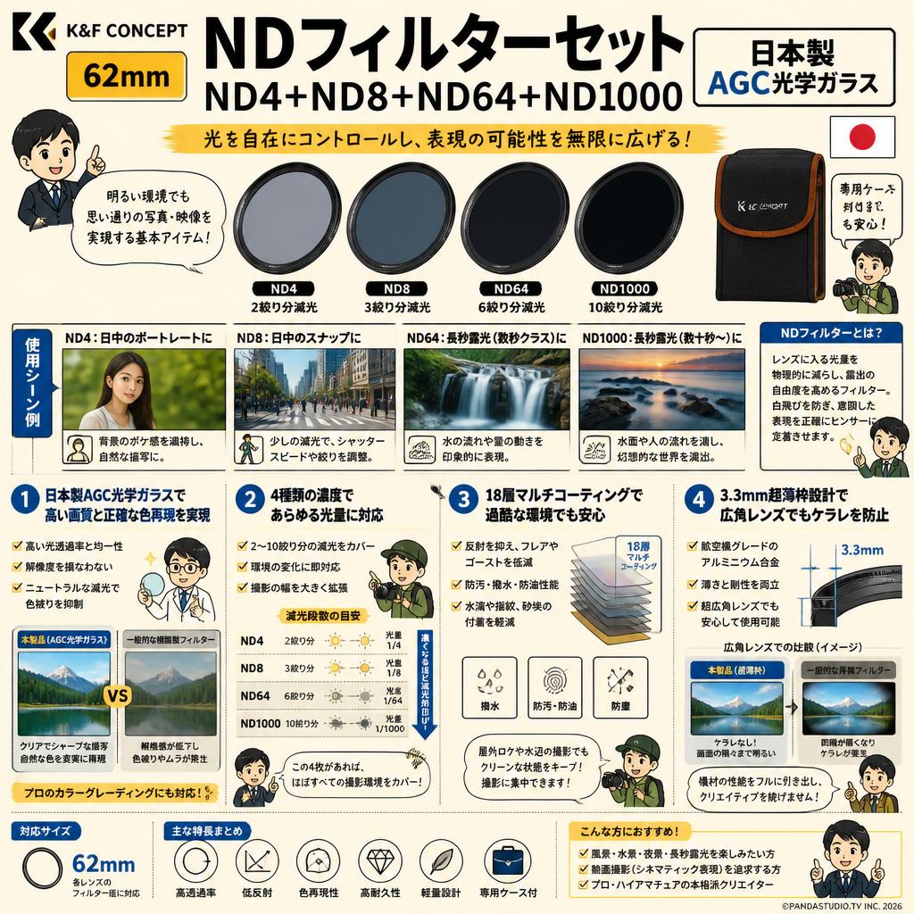 K&F Concept 62mm NDフィルターセット ND4+ND8+ND64+ND1000 日本製 AGC光学ガラス 概要