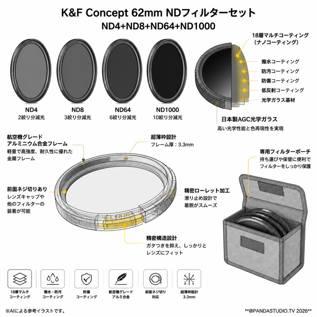 K&F Concept 62mm NDフィルターセット ND4+ND8+ND64+ND1000 日本製 AGC光学ガラス スペック