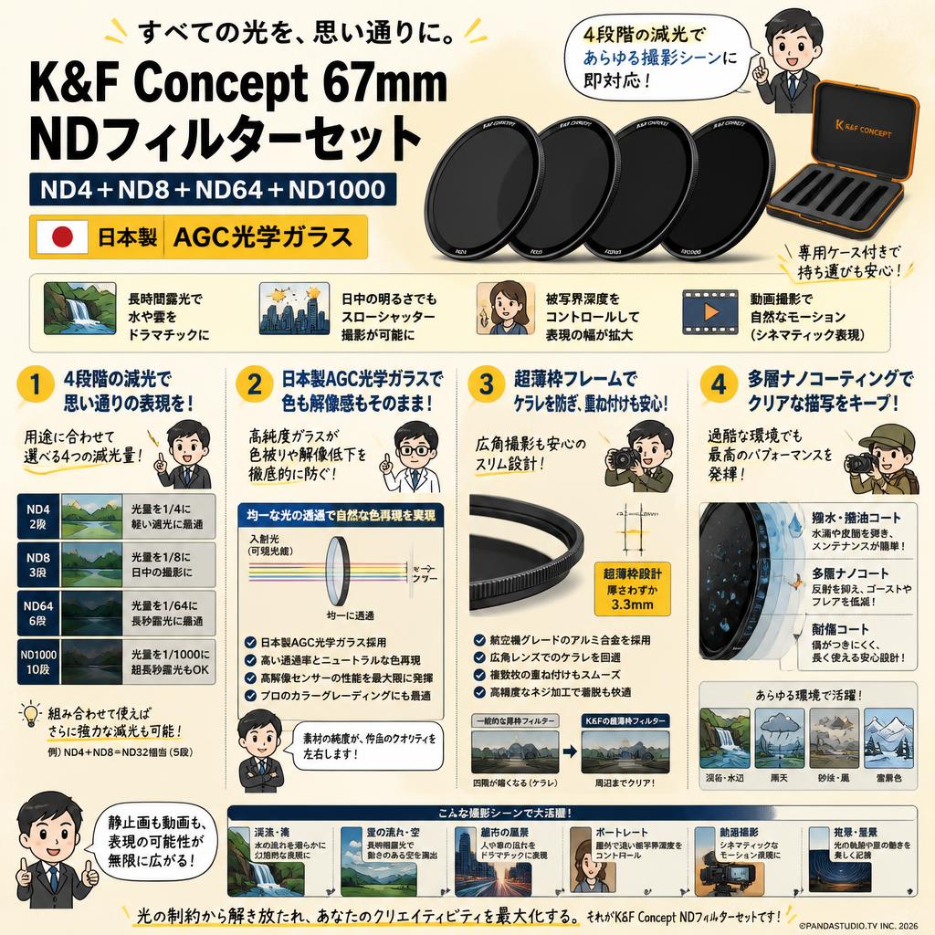 K&F Concept 67mm NDフィルターセット ND4+ND8+ND64+ND1000 日本製 AGC光学ガラス 概要