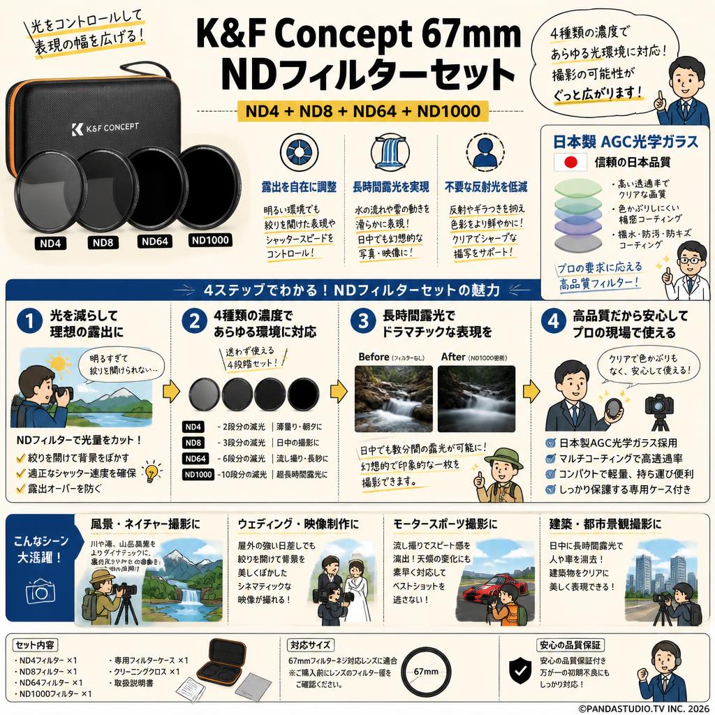 K&F Concept 67mm NDフィルターセット ND4+ND8+ND64+ND1000 日本製 AGC光学ガラス おもな対象のお客様