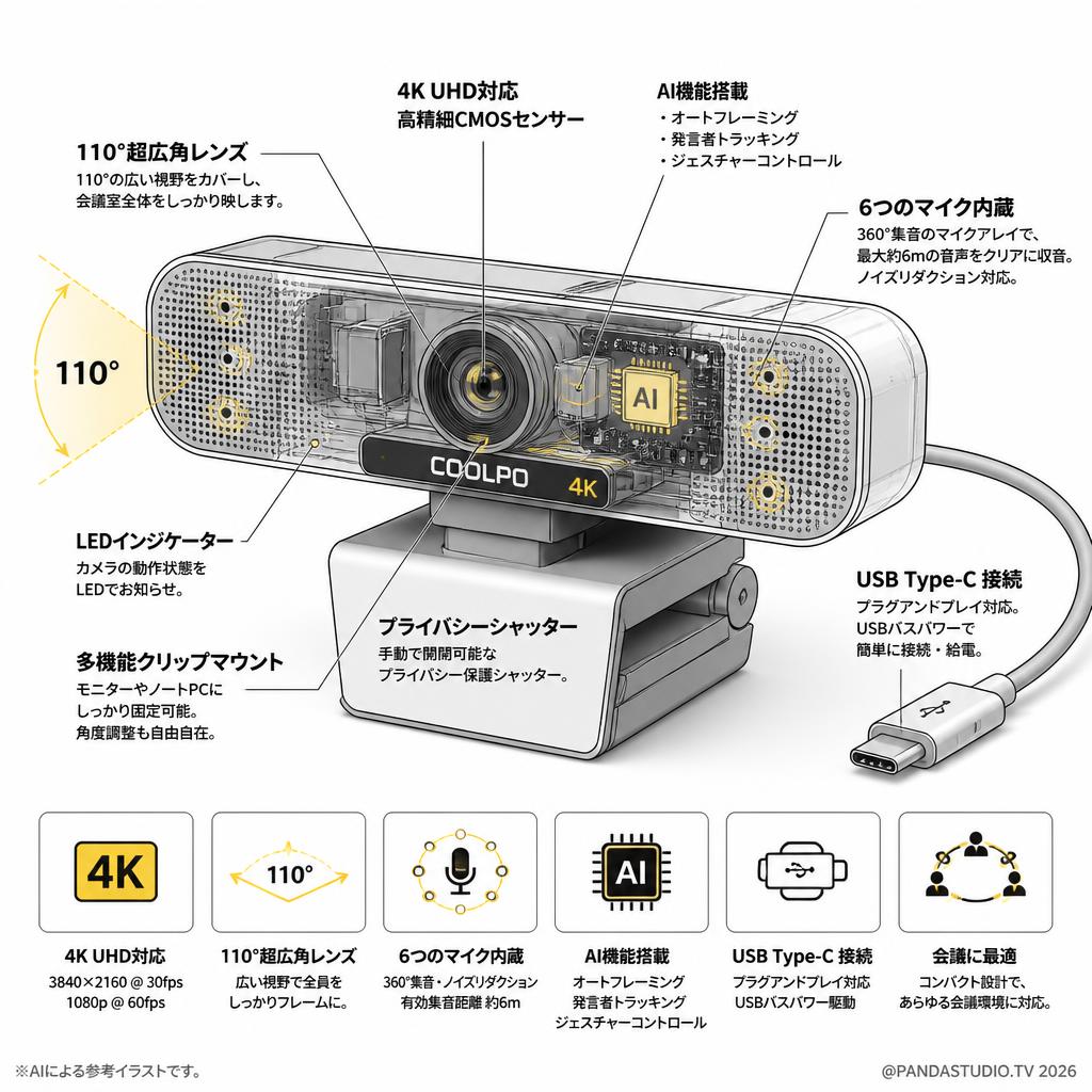 ウェブカメラ COOLPO 4k 会議用カメラ 110°広角 6つのマイク内蔵 AI HUDDLE MINI スペック
