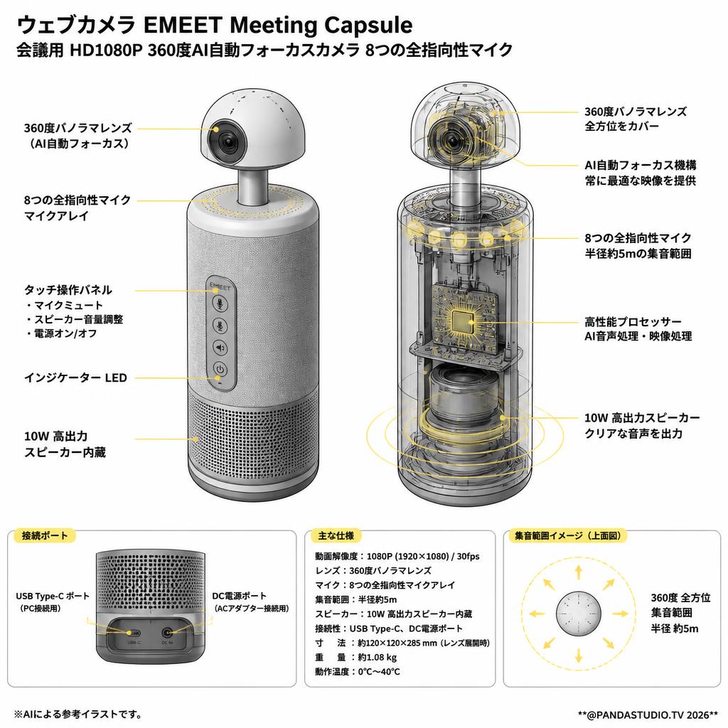 ウェブカメラ EMEET Meeting Capsule 会議用 HD1080P 360度AI自動フォーカスカメラ 8つの全指向性マイク スペック