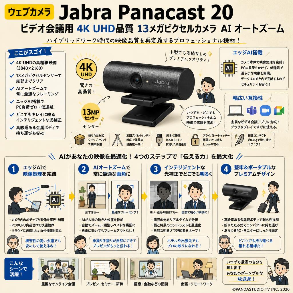 ウェブカメラ Jabra Panacast 20 ビデオ会議用 4K UHD品質 13メガピクセルカメラ AI オートズーム 概要