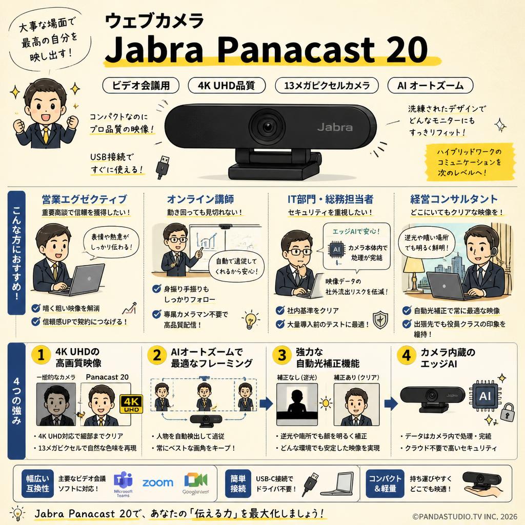 ウェブカメラ Jabra Panacast 20 ビデオ会議用 4K UHD品質 13メガピクセルカメラ AI オートズーム おもな対象のお客様