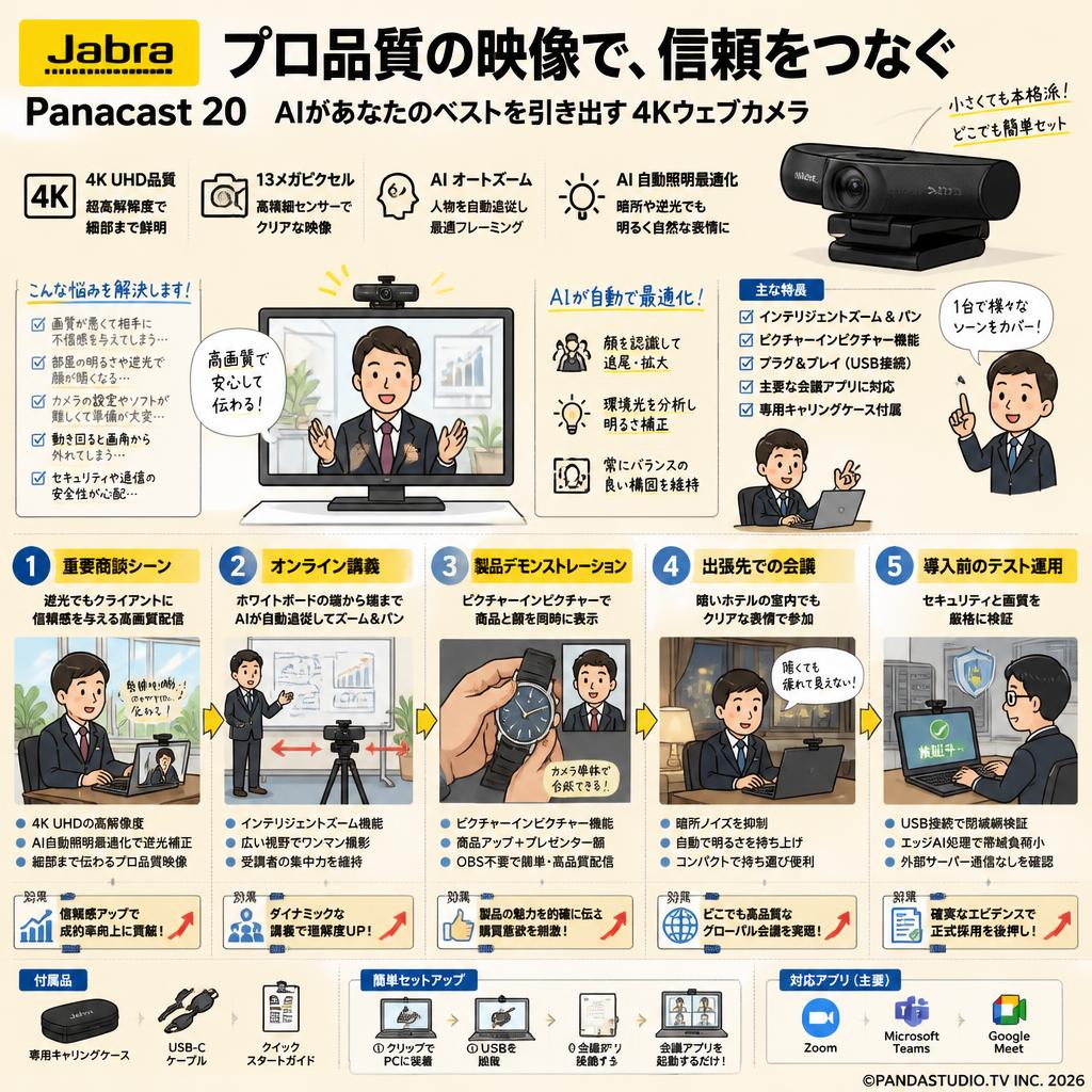 ウェブカメラ Jabra Panacast 20 ビデオ会議用 4K UHD品質 13メガピクセルカメラ AI オートズーム 用途
