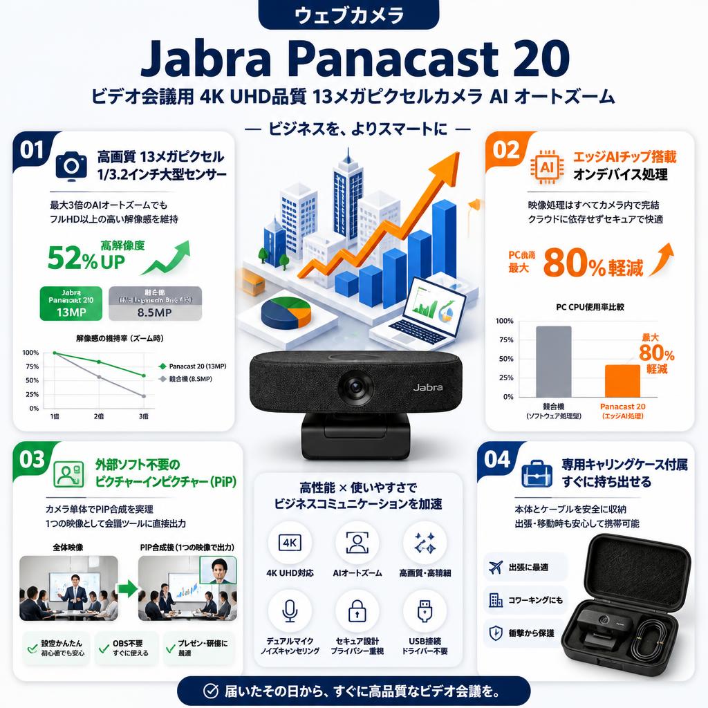 ウェブカメラ Jabra Panacast 20 ビデオ会議用 4K UHD品質 13メガピクセルカメラ AI オートズーム セールスポイント