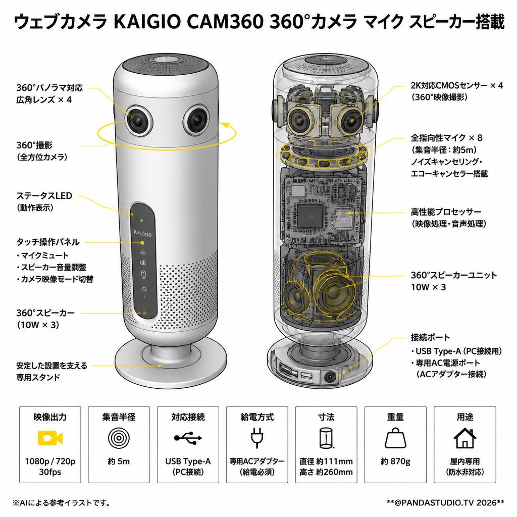 ウェブカメラ KAIGIO CAM360 360°カメラ マイク スピーカー搭載 スペック