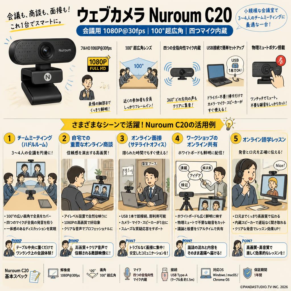 ウェブカメラ Nuroum C20 会議用1080P@30fps 100°超広角 四つマイク内蔵 用途