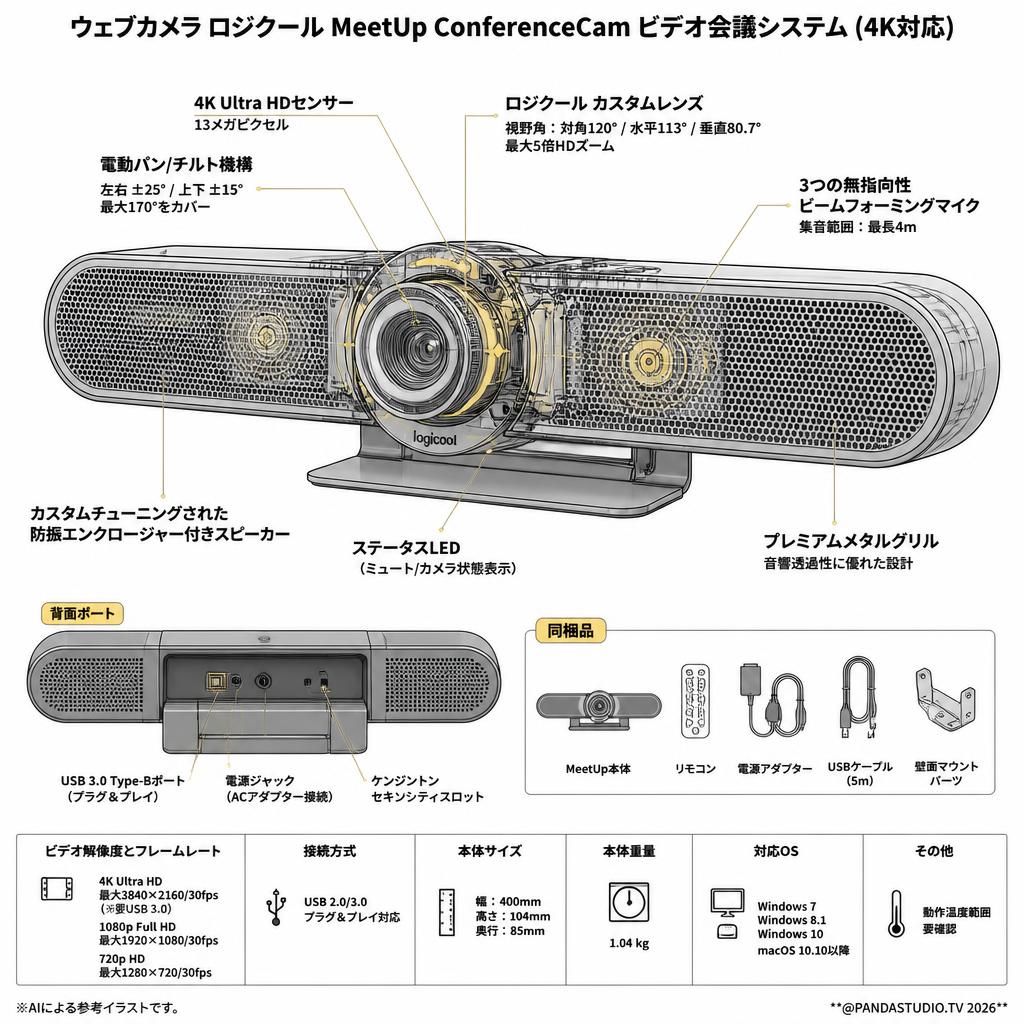 ウェブカメラ ロジクール MeetUp ConferenceCam ビデオ会議システム (4K対応) スペック