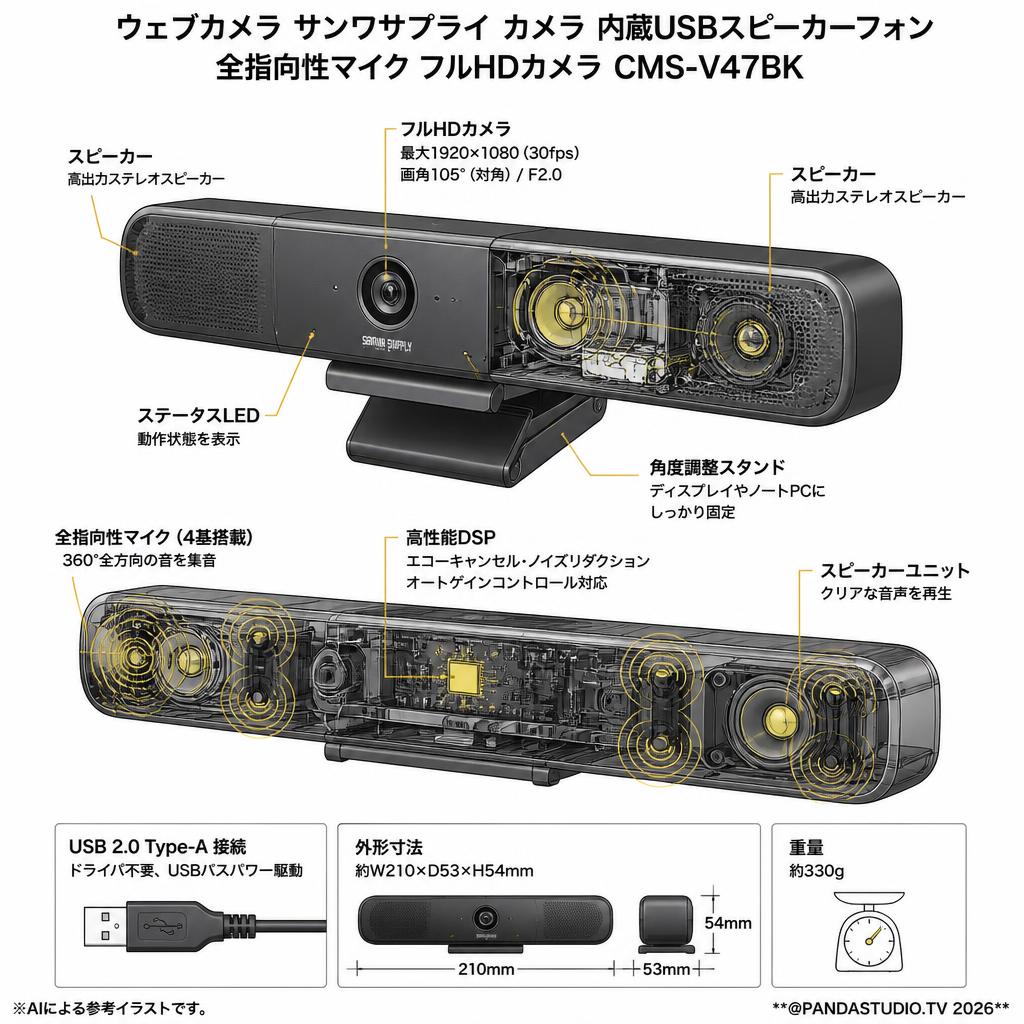 ウェブカメラ サンワサプライ カメラ 内蔵USBスピーカーフォン 全指向性マイク フルHDカメラ CMS-V47BK スペック