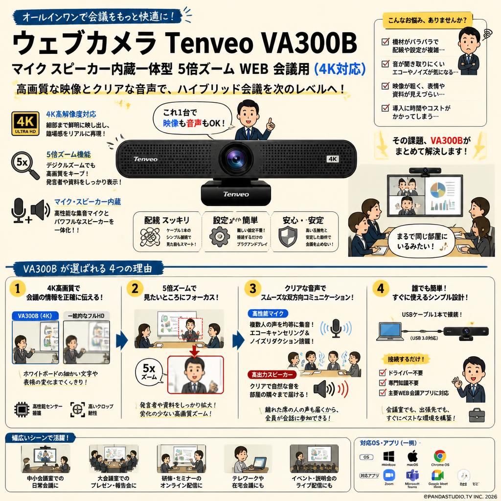 ウェブカメラ Tenveo VA300B マイク スピーカー内蔵一体型  5倍ズーム WEB 会議用 (4K対応) 概要