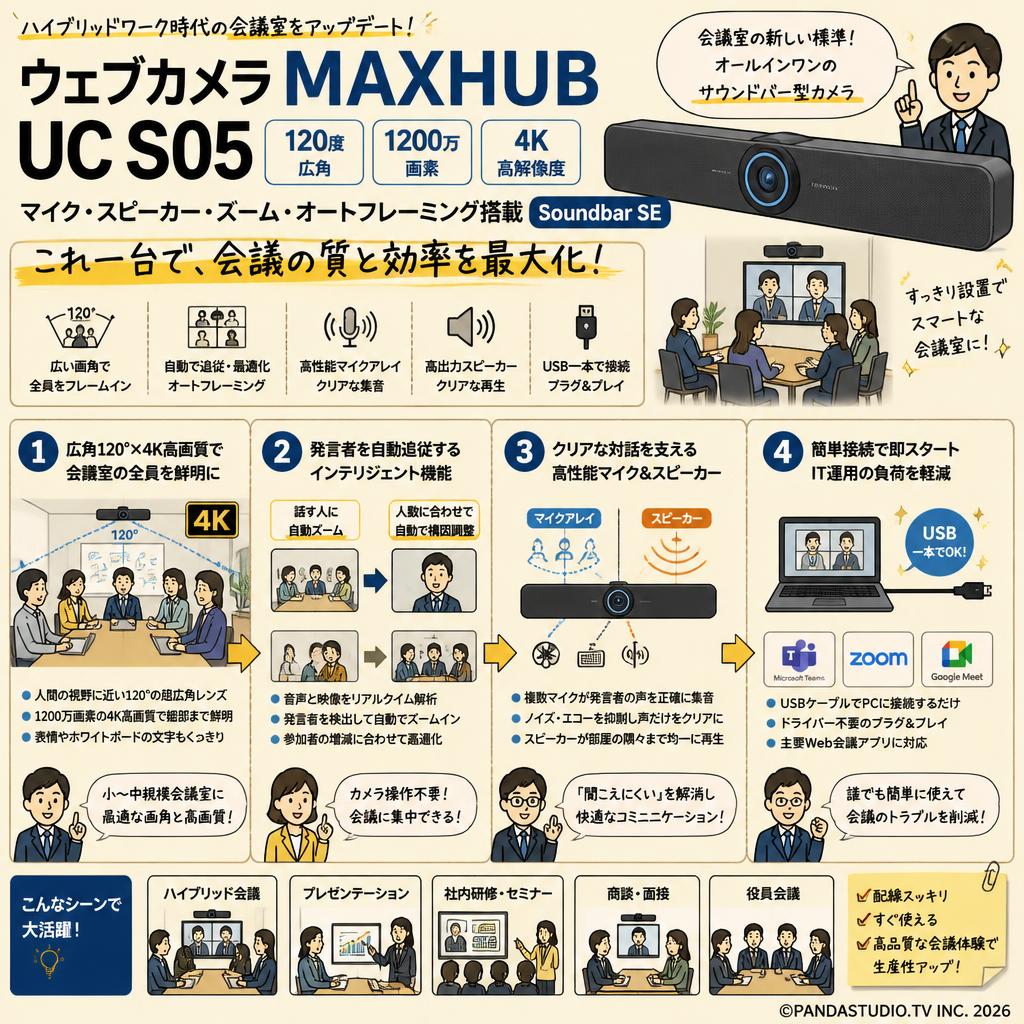 ウェブカメラ MAXHUB UC S05120度 広角1200万画素 4K マイク スピーカー ズーム オートフレーミング Soundbar SE 概要