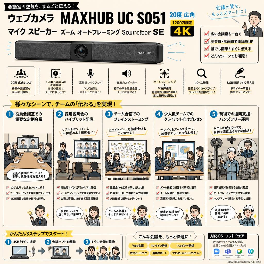 ウェブカメラ MAXHUB UC S05120度 広角1200万画素 4K マイク スピーカー ズーム オートフレーミング Soundbar SE 用途