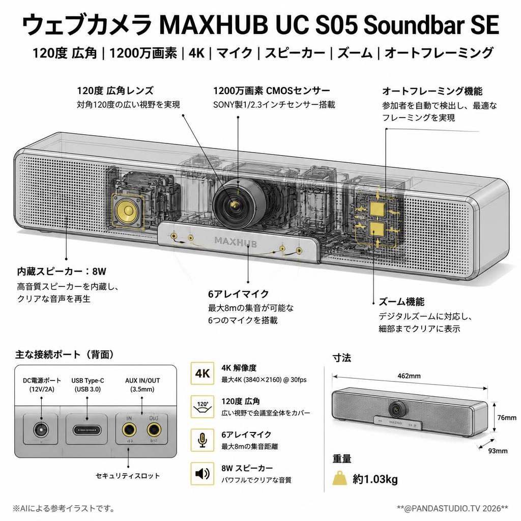 ウェブカメラ MAXHUB UC S05120度 広角1200万画素 4K マイク スピーカー ズーム オートフレーミング Soundbar SE スペック