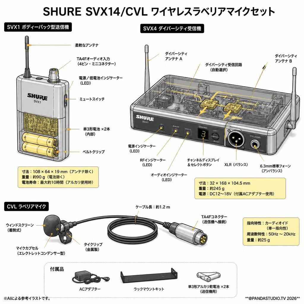 SHURE SVX14/CVL ワイヤレスラベリアマイクセット スペック