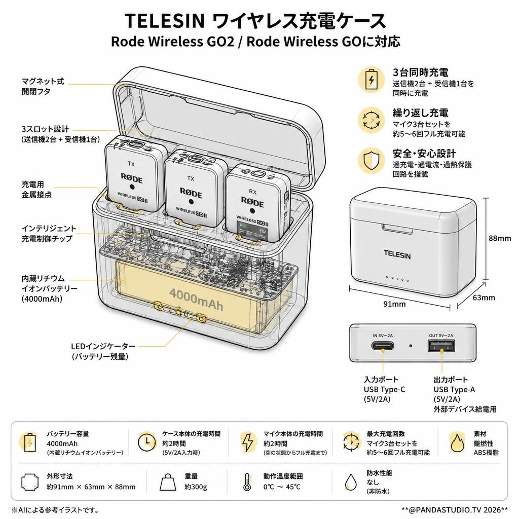 TELESIN ワイヤレス充電ケース Rode Wireless GO2 Rode Wireless GOに対応 スペック