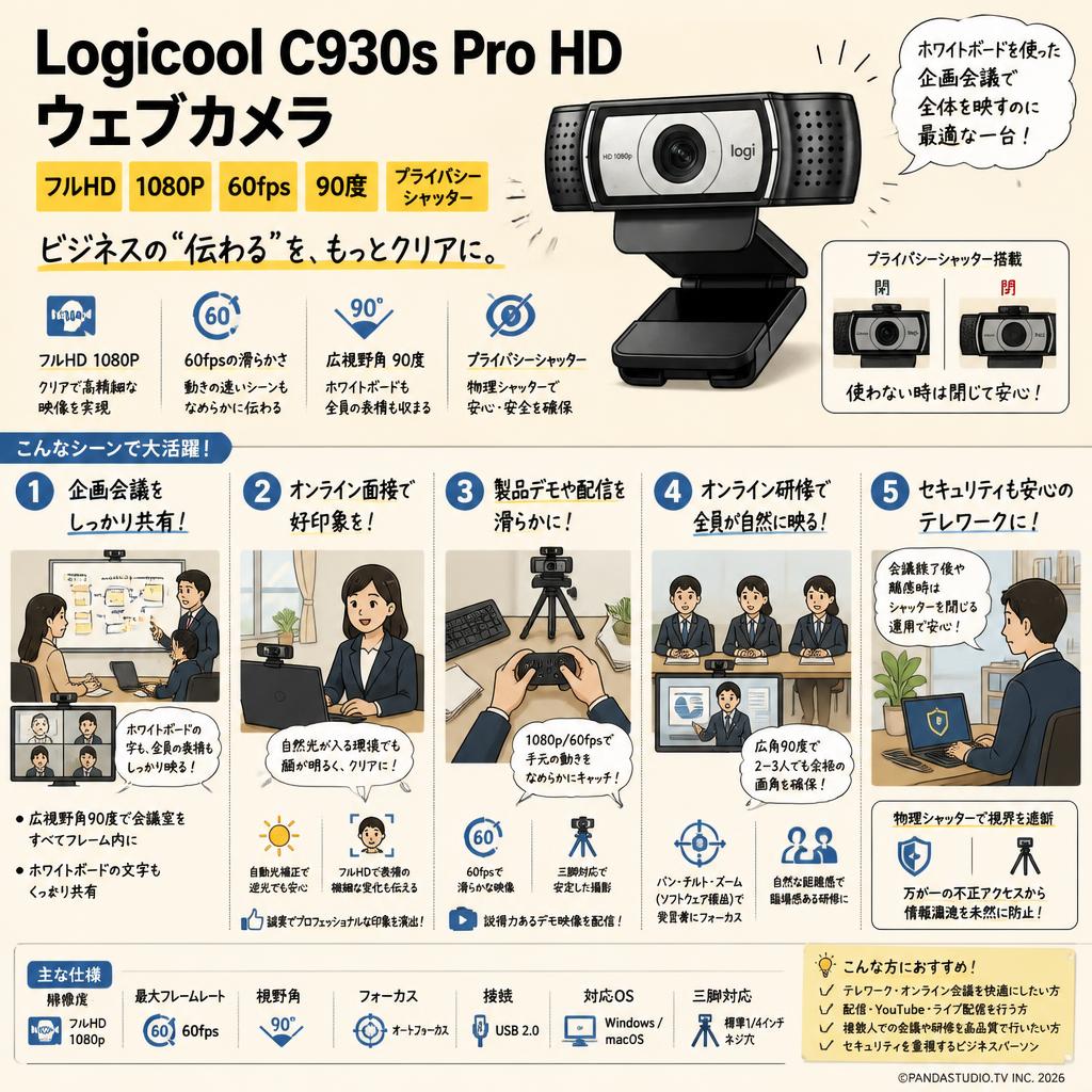 Logicool C930s Pro HD  ウェブカメラ フルHD 1080P 60fps 90度 プライバシー シャッター 用途