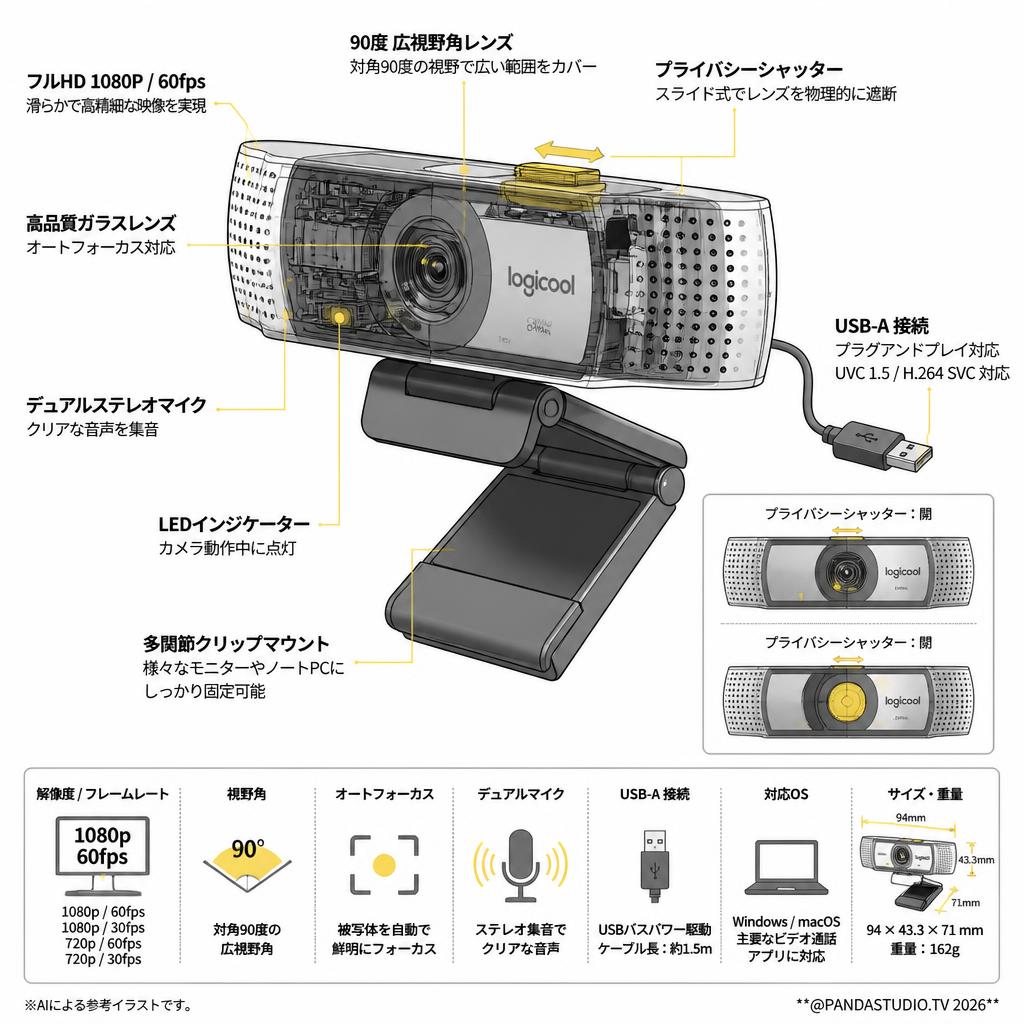Logicool C930s Pro HD  ウェブカメラ フルHD 1080P 60fps 90度 プライバシー シャッター スペック