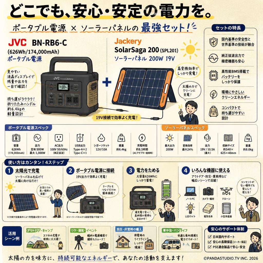 JVC BN-RB6-C (626Wh/174,000mAh ポータブル電源) / Jackery SolarSaga 200 （SPL201） ソーラーパネル 200W 19Vセット 概要