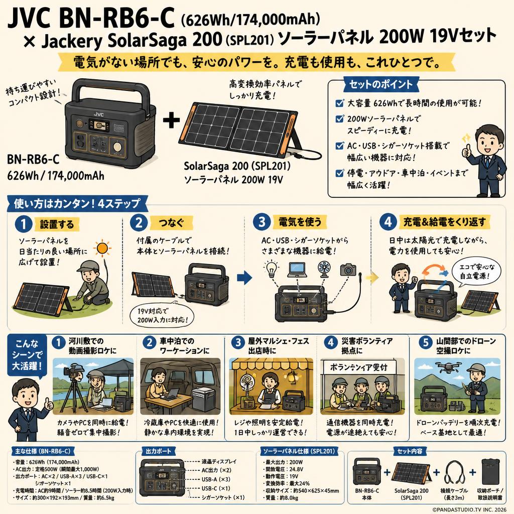 JVC BN-RB6-C (626Wh/174,000mAh ポータブル電源) / Jackery SolarSaga 200 （SPL201） ソーラーパネル 200W 19Vセット 用途