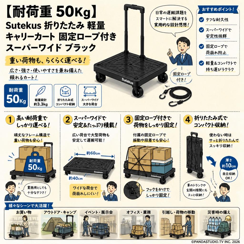 【耐荷重 50Kｇ】Sutekus 折りたたみ 軽量 キャリーカート 固定ロープ 付き スーパーワイド ブラック 概要