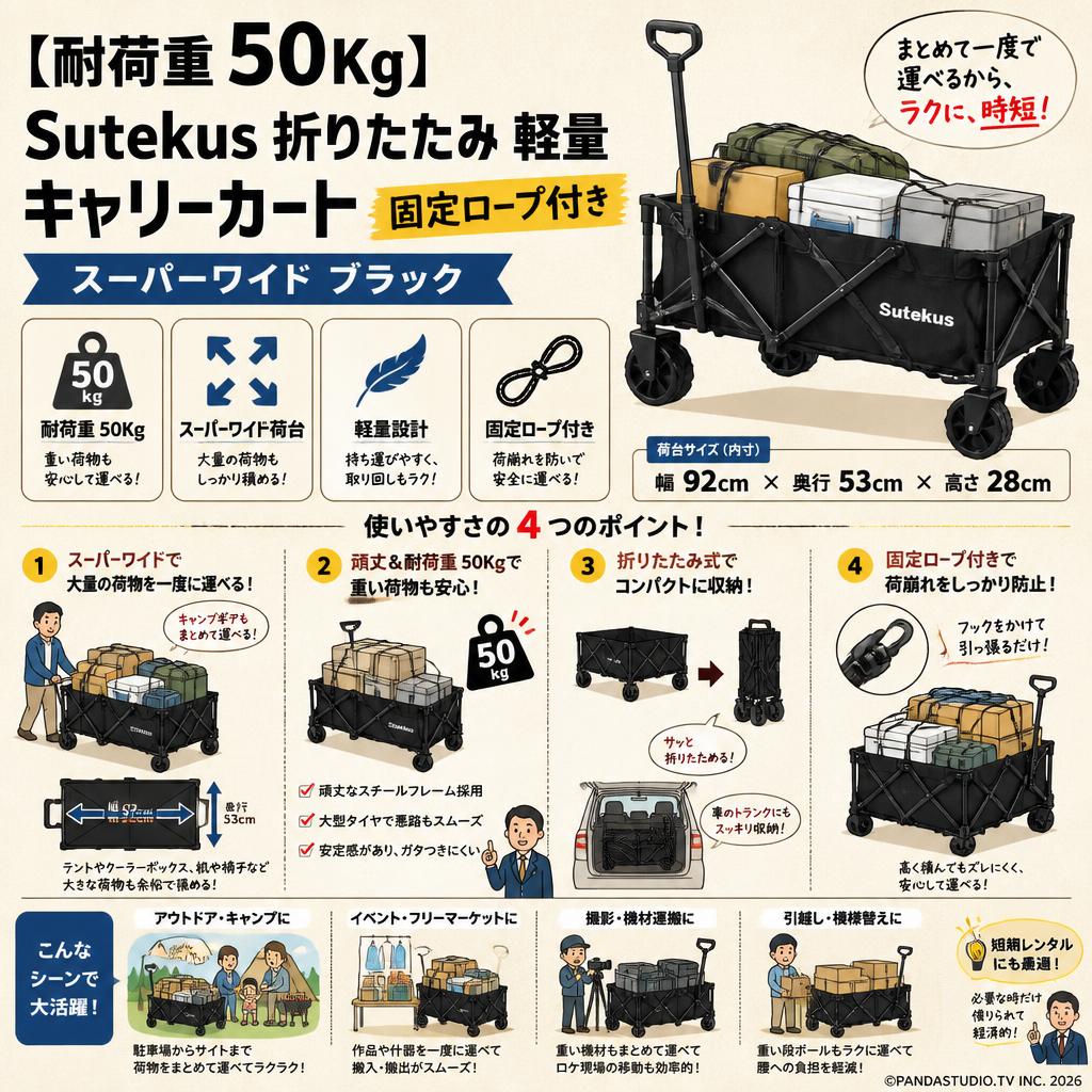 【耐荷重 50Kｇ】Sutekus 折りたたみ 軽量 キャリーカート 固定ロープ 付き スーパーワイド ブラック おもな対象のお客様
