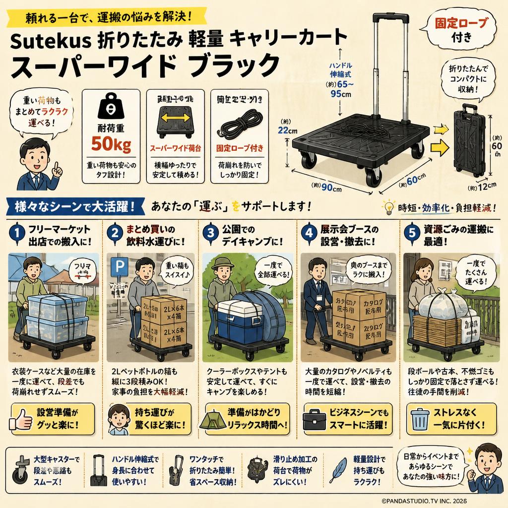 【耐荷重 50Kｇ】Sutekus 折りたたみ 軽量 キャリーカート 固定ロープ 付き スーパーワイド ブラック 用途