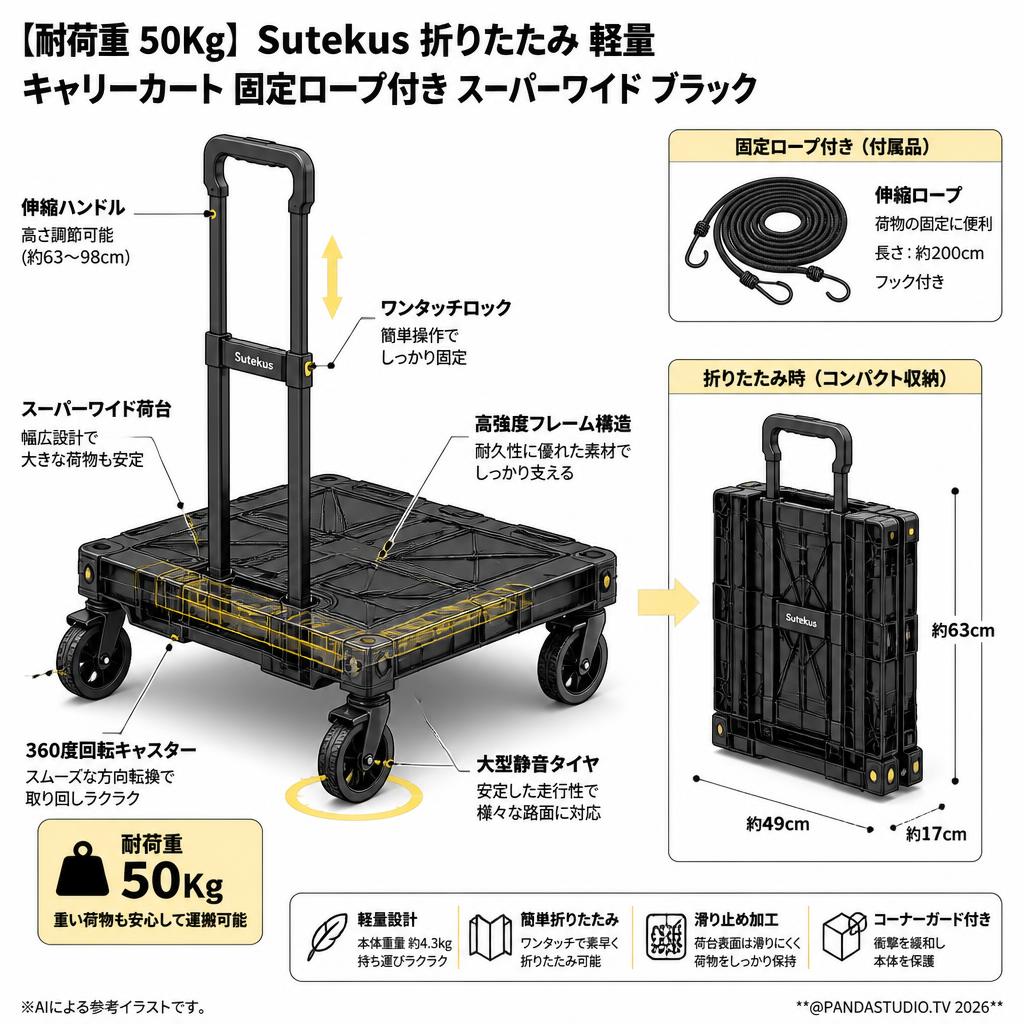 【耐荷重 50Kｇ】Sutekus 折りたたみ 軽量 キャリーカート 固定ロープ 付き スーパーワイド ブラック スペック