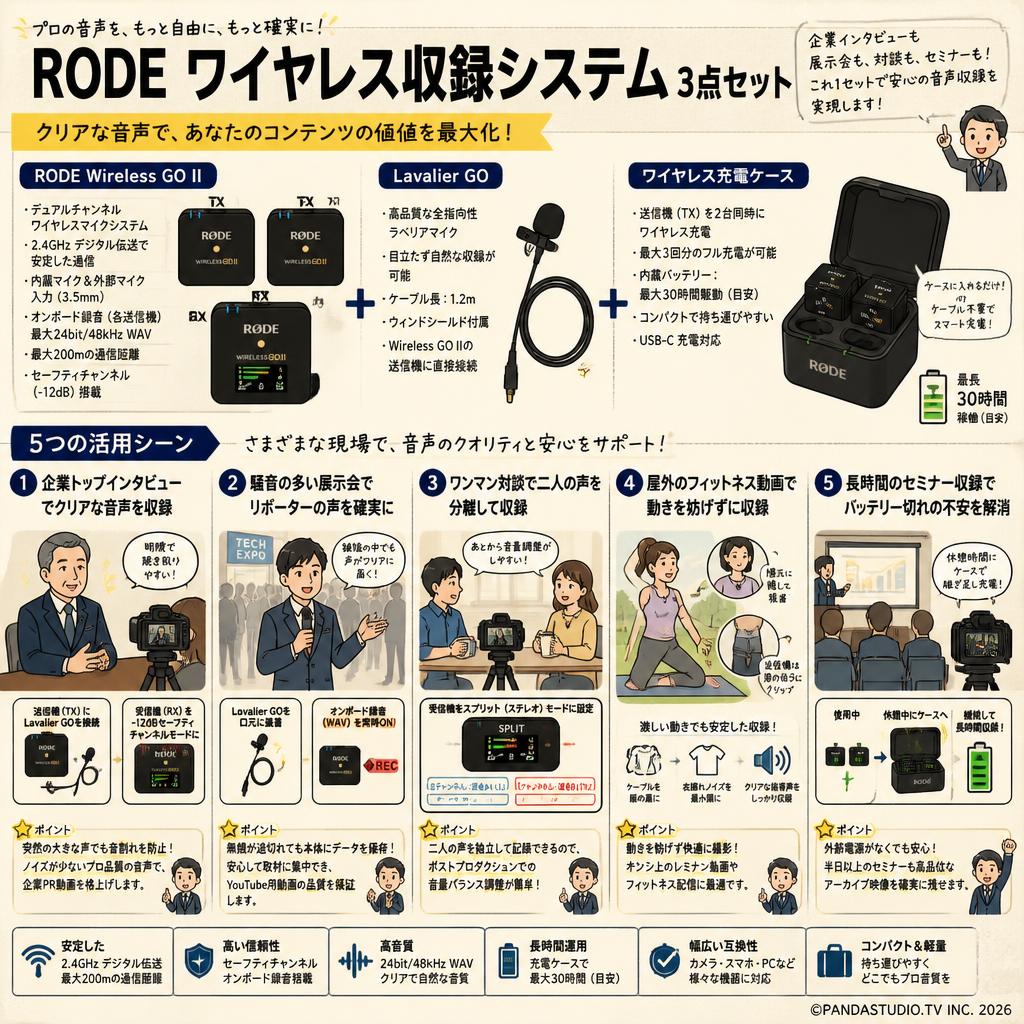 RODE Wireless GO II / ラベリアマイク Lavalier GO / ワイヤレス充電ケース 用途