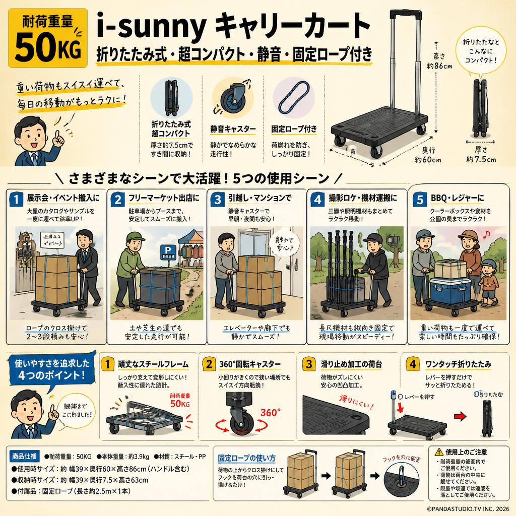 【耐荷重量50KG 】i-sunny キャリーカート 台車 折りたたみ式 超コンパクト 静音 固定ロープ付き 用途