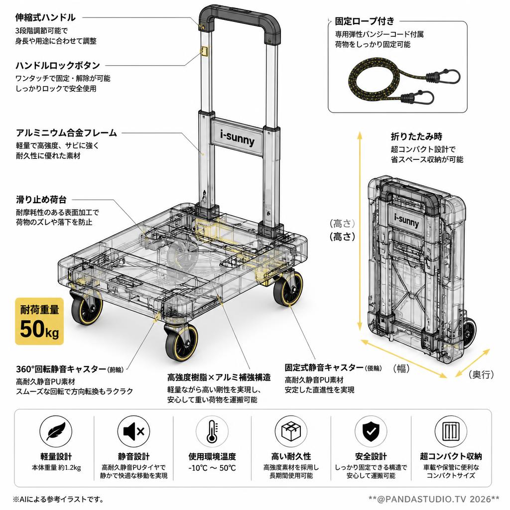 【耐荷重量50KG 】i-sunny キャリーカート 台車 折りたたみ式 超コンパクト 静音 固定ロープ付き スペック