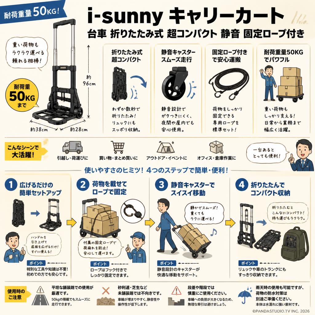 【耐荷重量50KG 】i-sunny キャリーカート 台車 折りたたみ式 超コンパクト 静音 固定ロープ付き FAQ（よくある質問と答え）