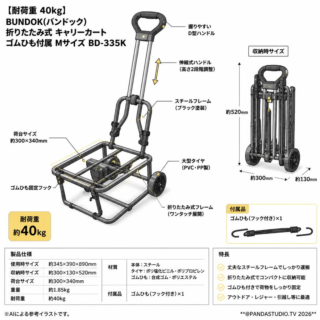 【耐荷重 40kg】BUNDOK(バンドック) 折りたたみ式 キャリーカート ゴムひも付属 Mサイズ BD-335K スペック