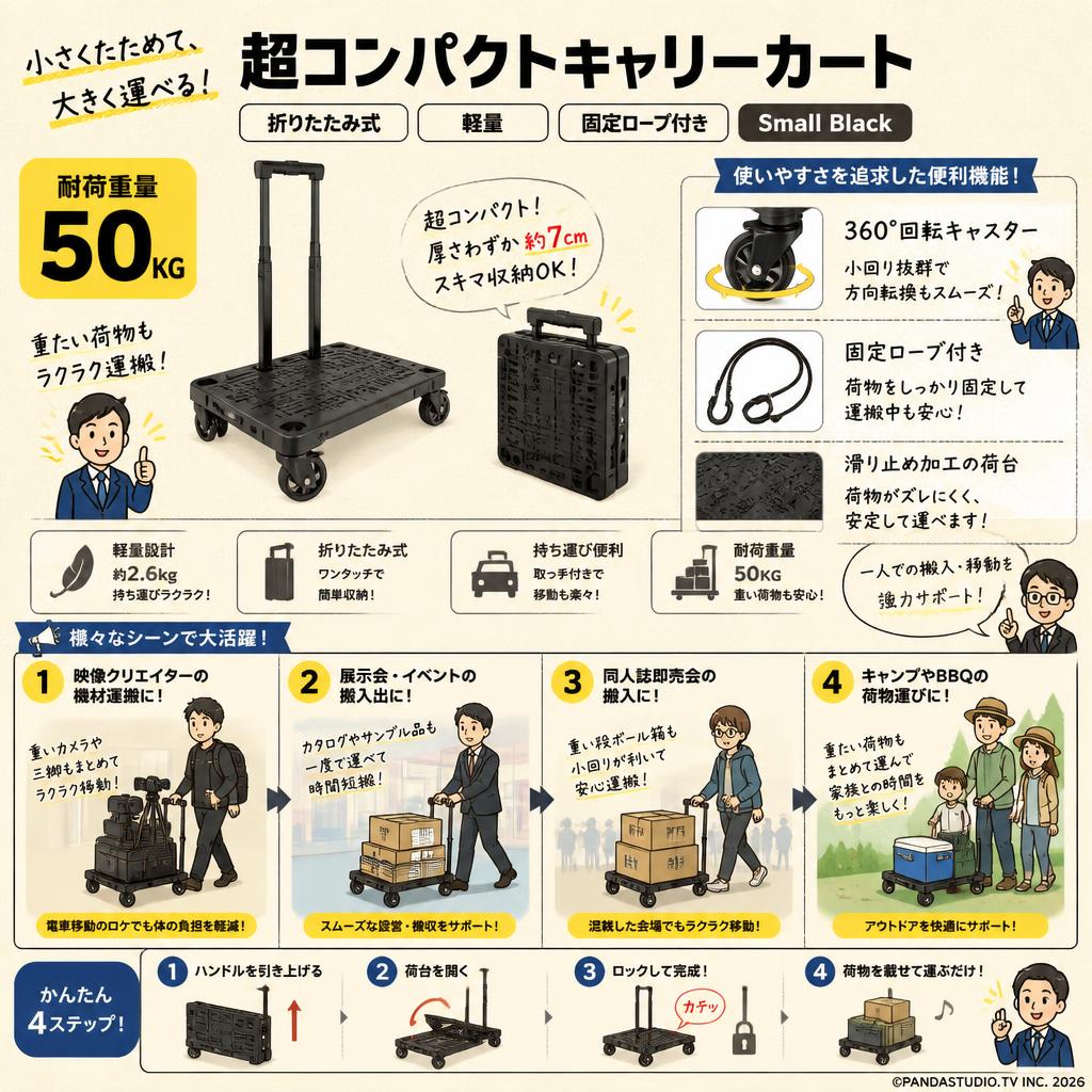 【耐荷重量50KG 】超コンパクトキャリーカート 折りたたみ式 軽量 固定ロープ付き Small Black おもな対象のお客様