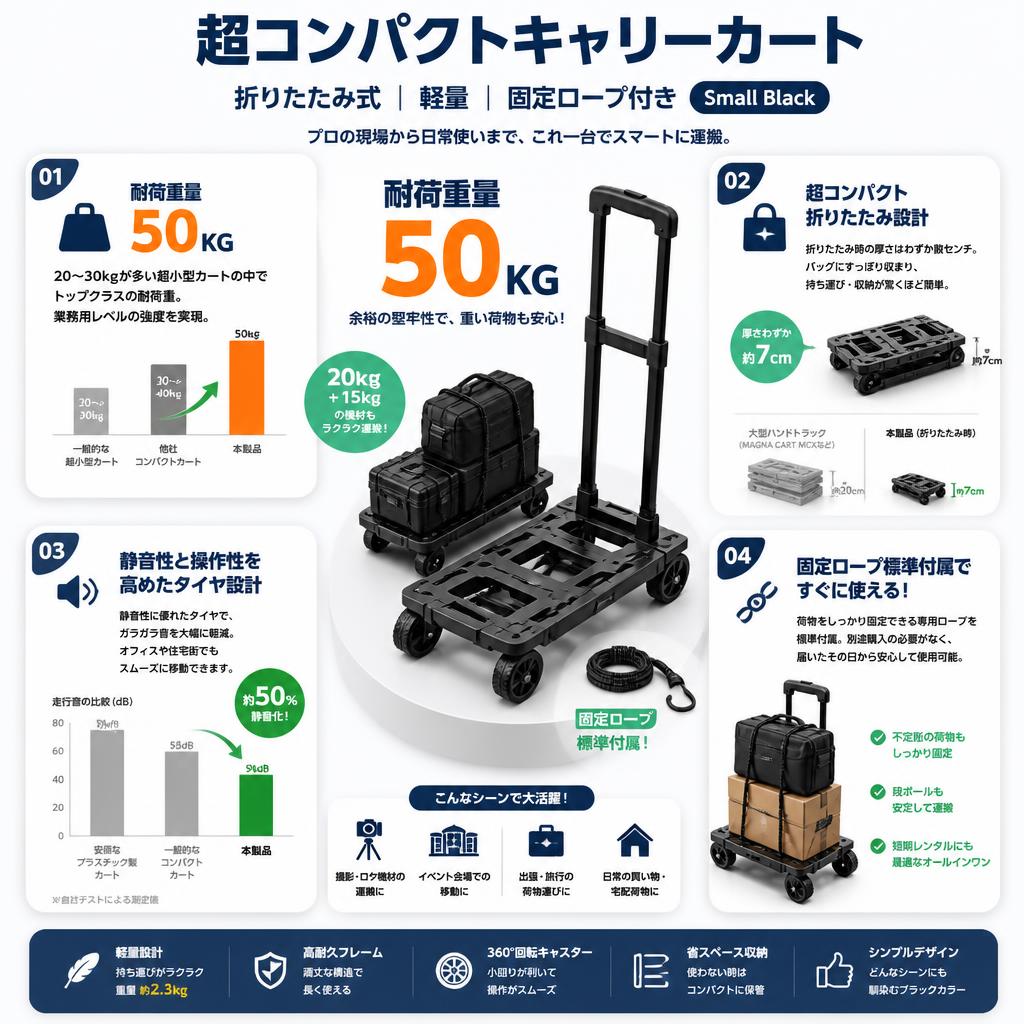 【耐荷重量50KG 】超コンパクトキャリーカート 折りたたみ式 軽量 固定ロープ付き Small Black セールスポイント
